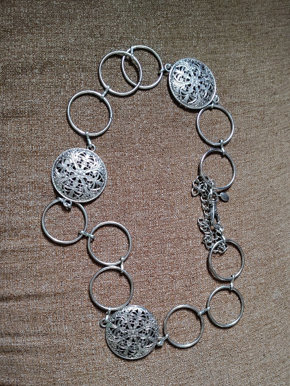 Silver Filigree Circle Link Belt Necklace - Women Jewelry